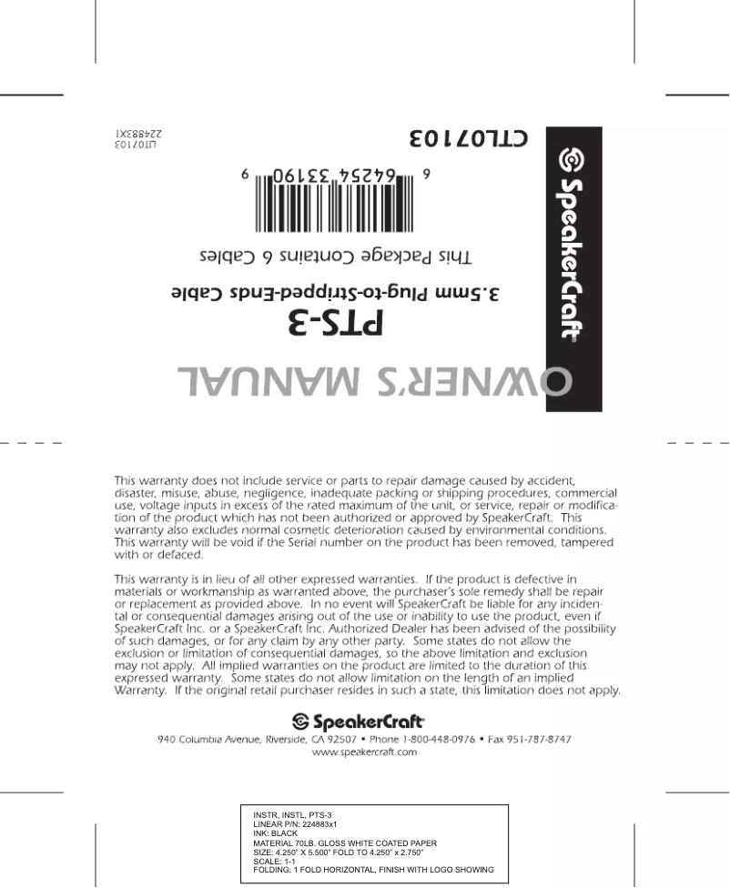 Page 1 de la notice Manuel utilisateur SpeakerCraft PTS-3