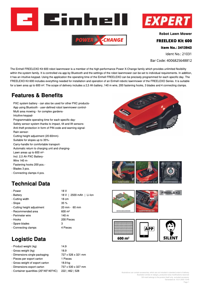 Page 1 de la notice Fiche technique Einhell FREELEXO Kit 600