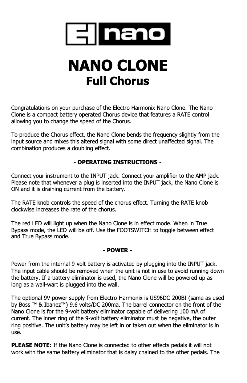 Page 1 de la notice Manuel utilisateur Electro Harmonix Nano Clone