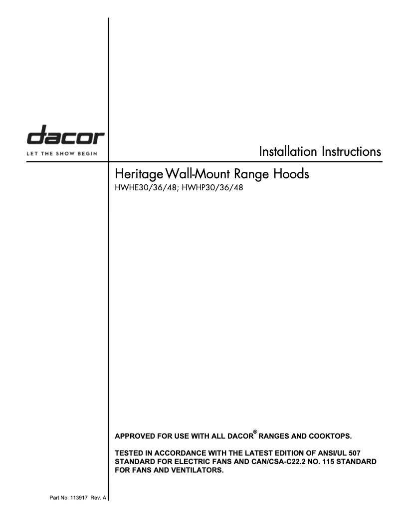 Page 1 de la notice Guide d'installation Dacor HWHE3612S