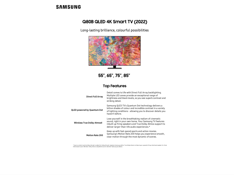 Page 1 de la notice Fiche technique Samsung QA55Q80BAW