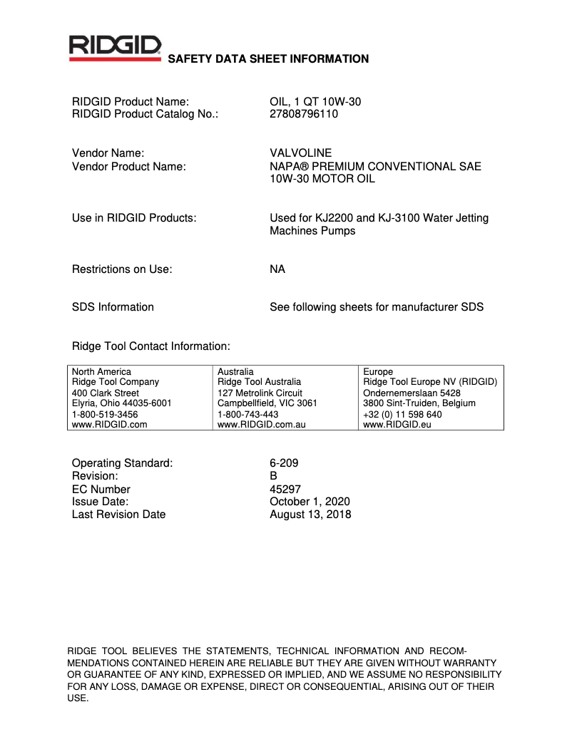 Page 1 de la notice Fiche technique Ridgid KJ-3100