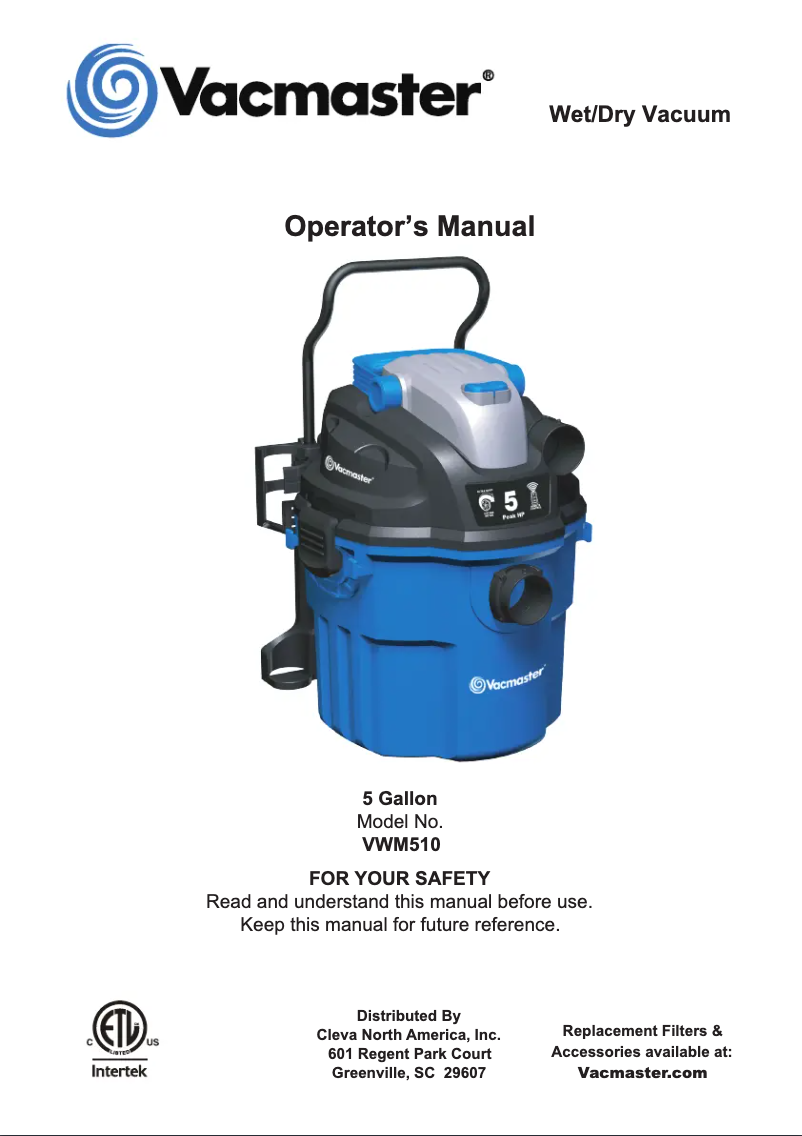 Page n°1 - Manuel utilisateur Vacmaster VWM510