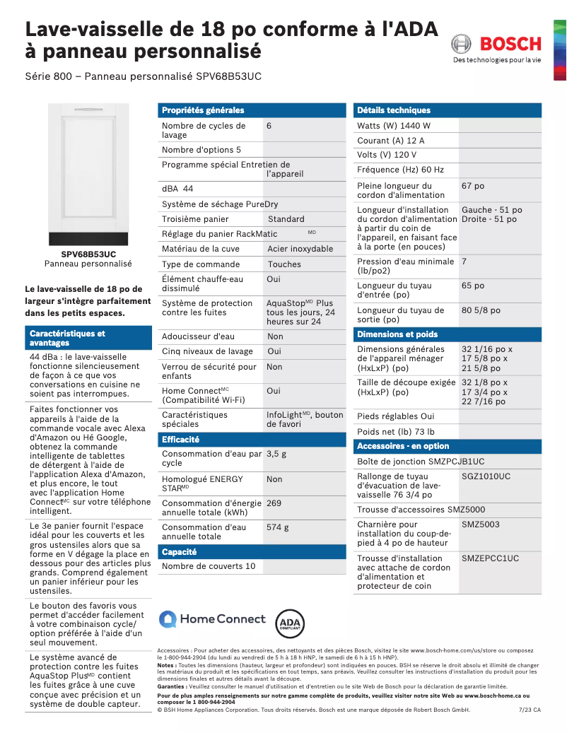 Page 1 de la notice Fiche technique Bosch SPV68B53UC