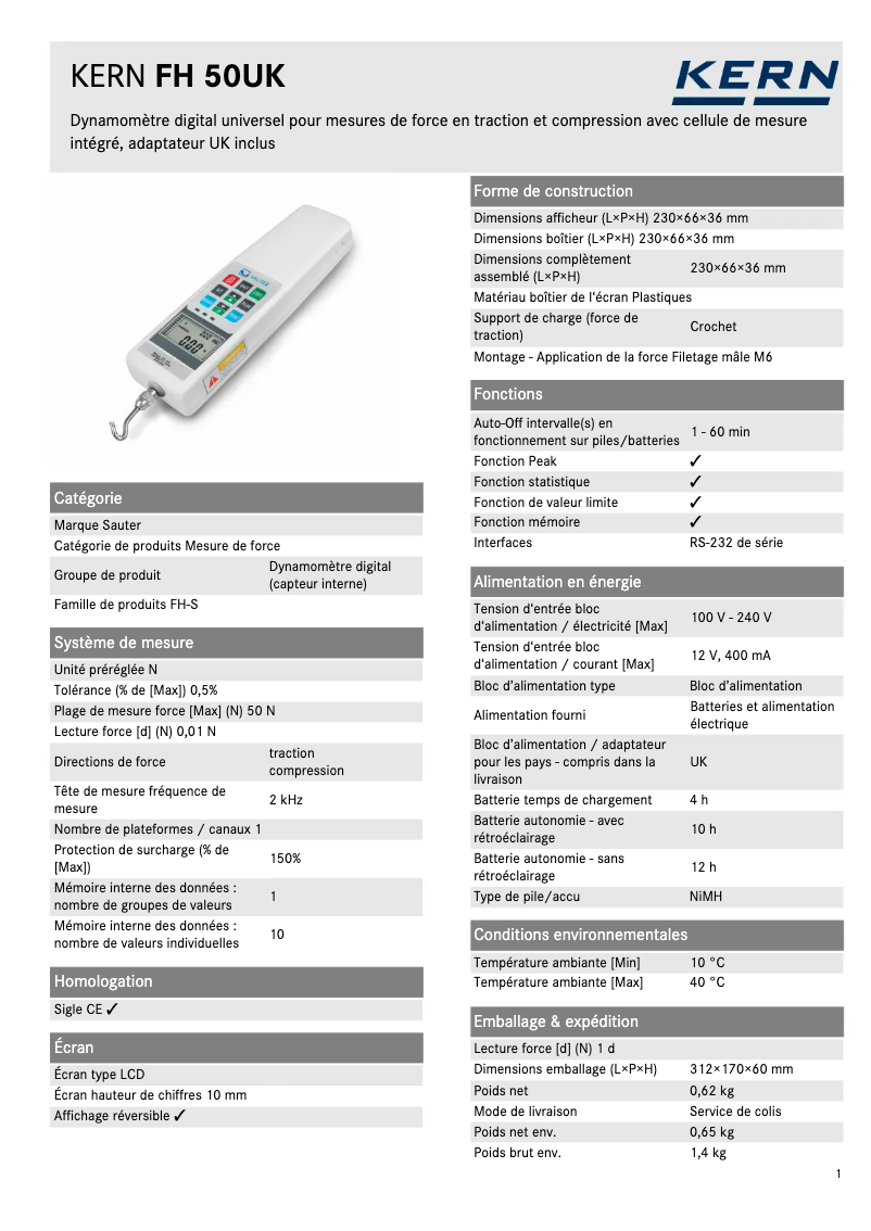 Page 1 de la notice Fiche technique Kern FH 50UK