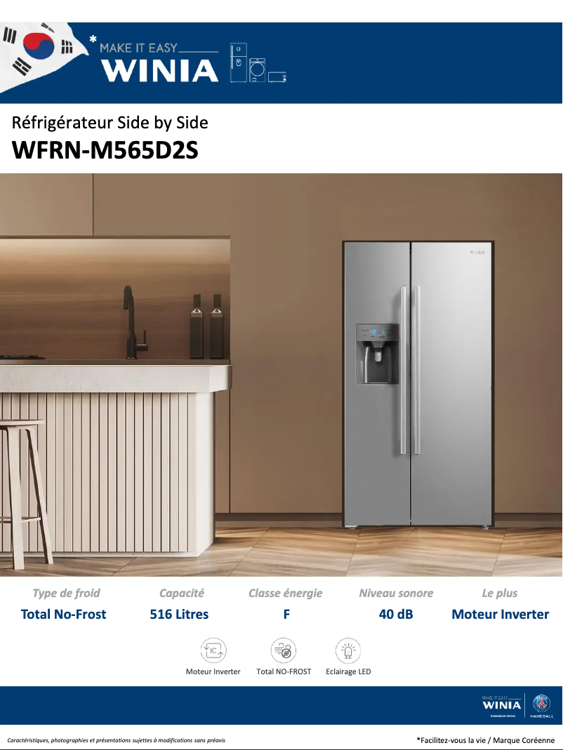 Page 1 de la notice Fiche technique Winia WFRN-M565D2S