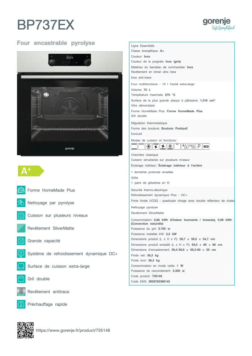 Page n°1 - Fiche technique Gorenje BP737EX
