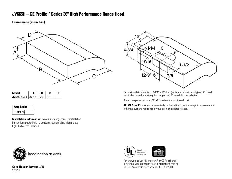 Page 1 de la notice Fiche technique GE JV665HBB