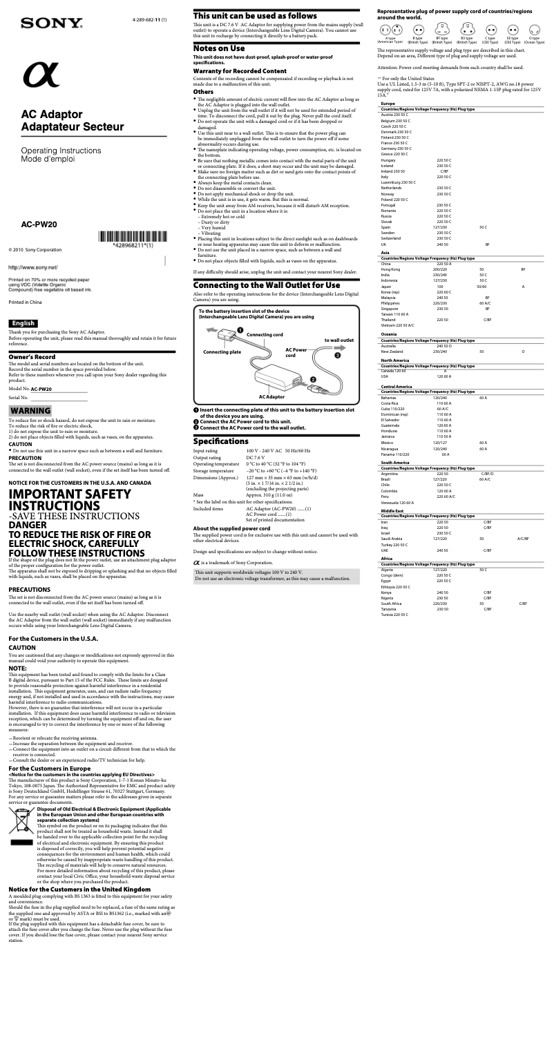 Página 1 del manual Manual de usuario Sony AC-PW20
