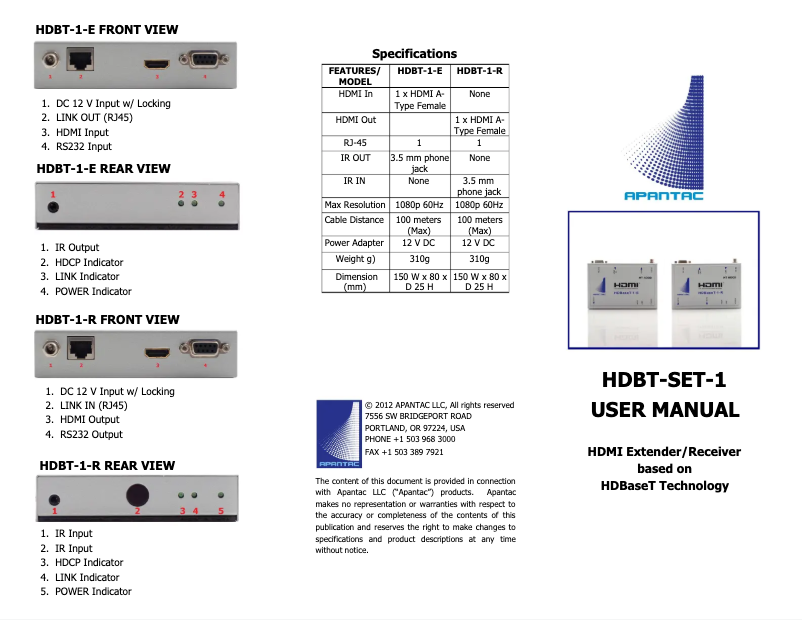 Page n°1 - Manuel utilisateur Apantac HDBT-1-R