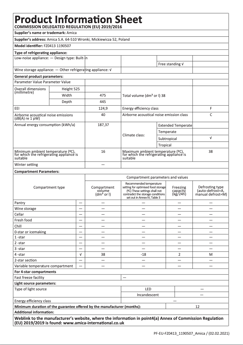Página 1 del manual Ficha técnica Amica FZ0413
