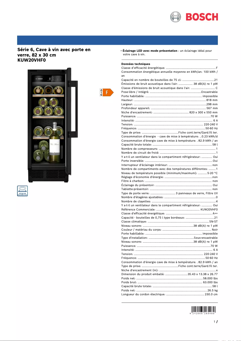 Page n°1 - Fiche technique Bosch KUW20VHF0