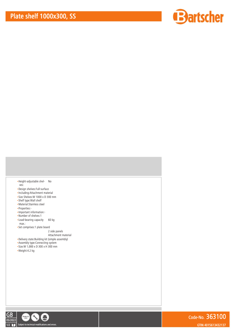 Page 1 de la notice Fiche technique Bartscher 363100