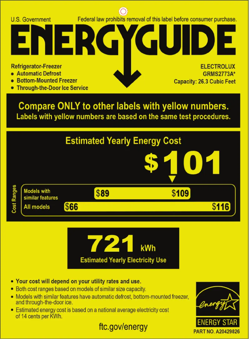 Page 1 de la notice Label énergétique Frigidaire GRMS2773AF