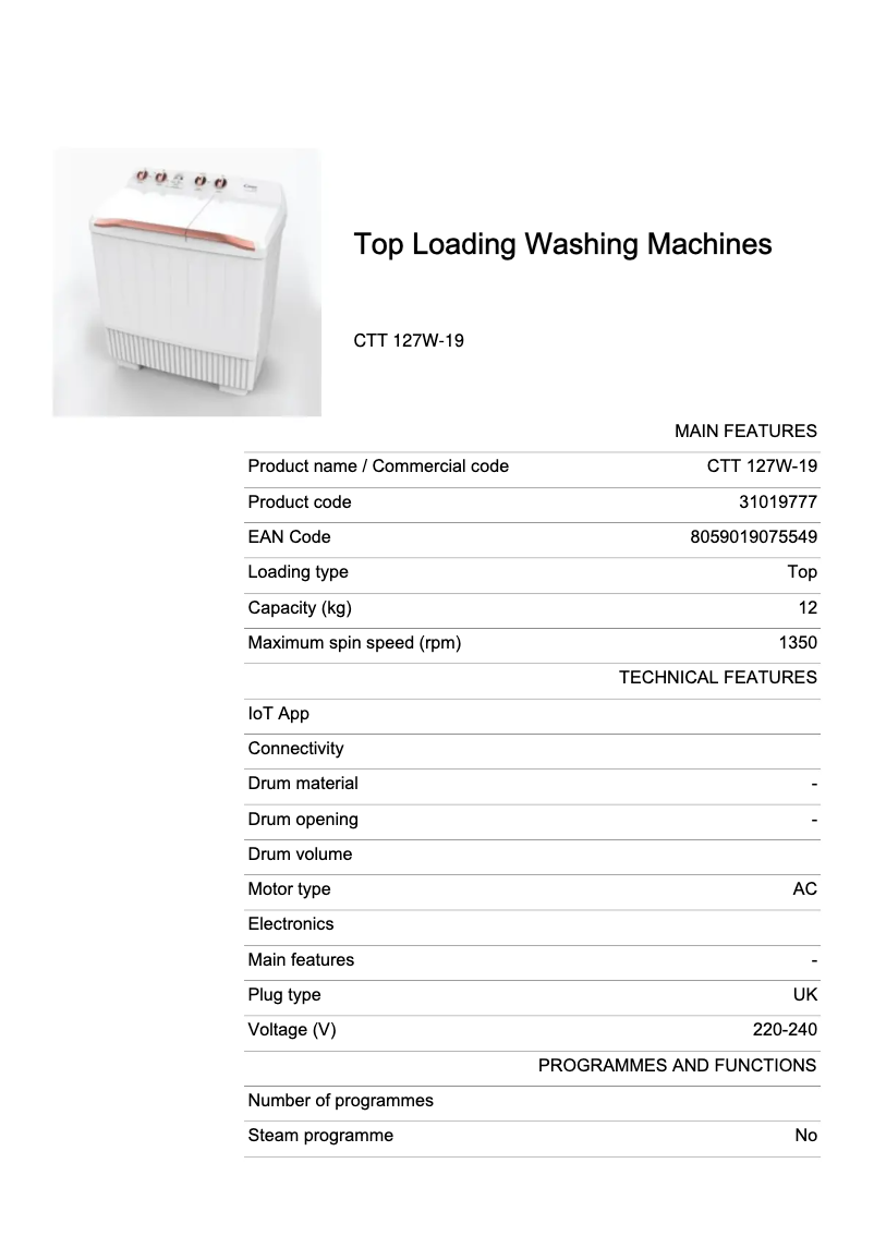 Page 1 de la notice Fiche technique Candy CTT 127W-19