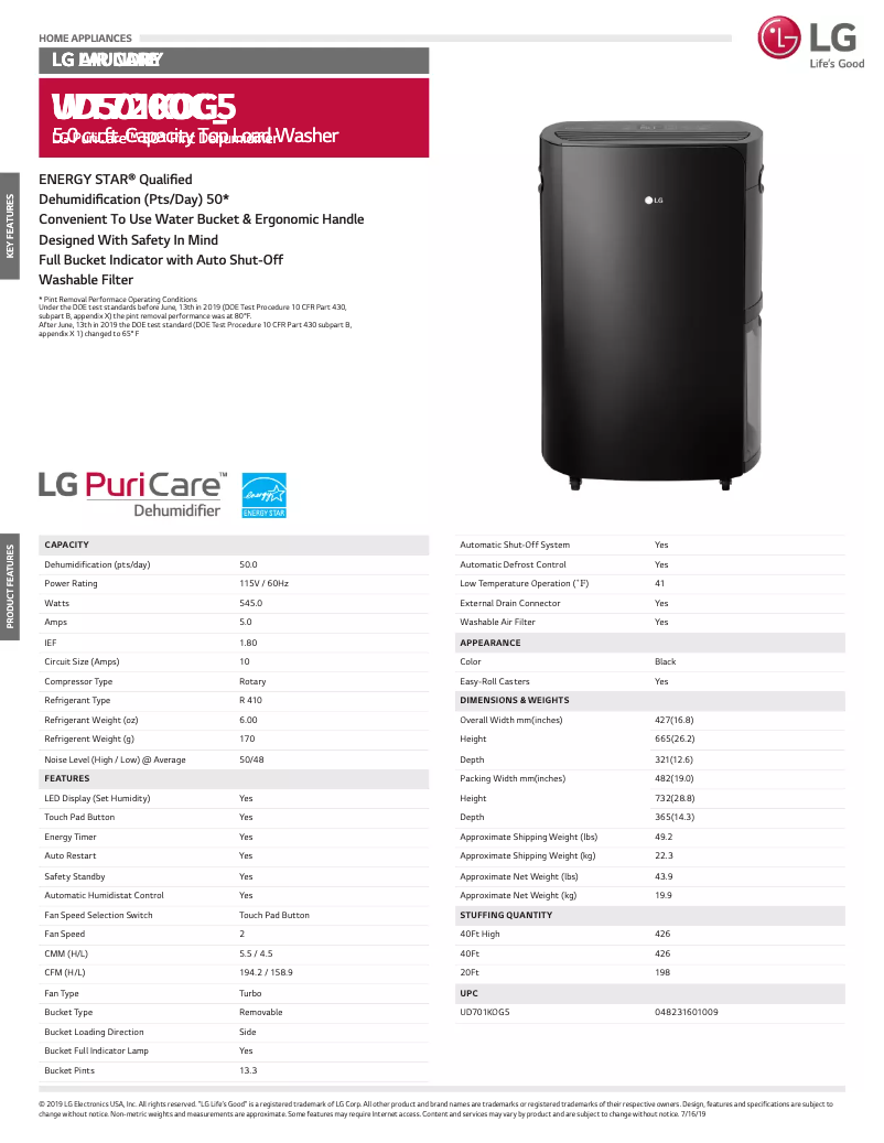 Page 1 de la notice Fiche technique LG UD501KOG5