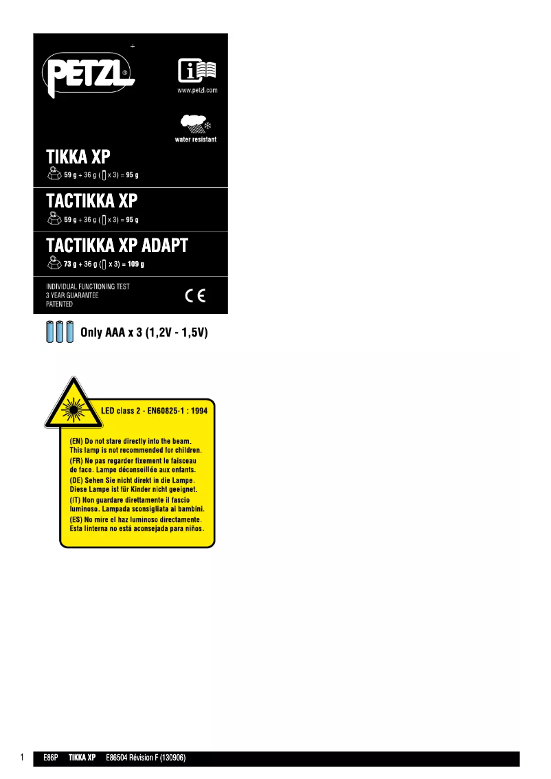Page 1 de la notice Manuel utilisateur Petzl TACTIKKA