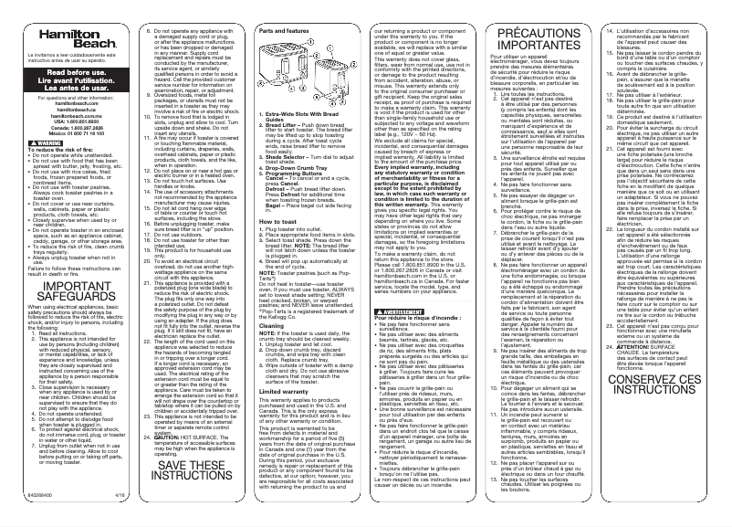 Page 1 de la notice Manuel utilisateur Hamilton Beach 22633V