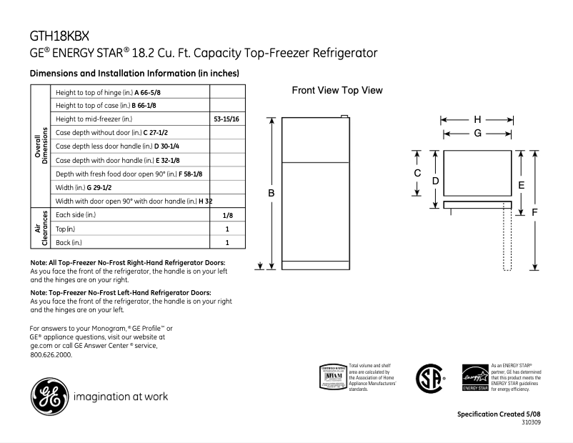 Page 1 de la notice Fiche technique GE GTH18KBXWW