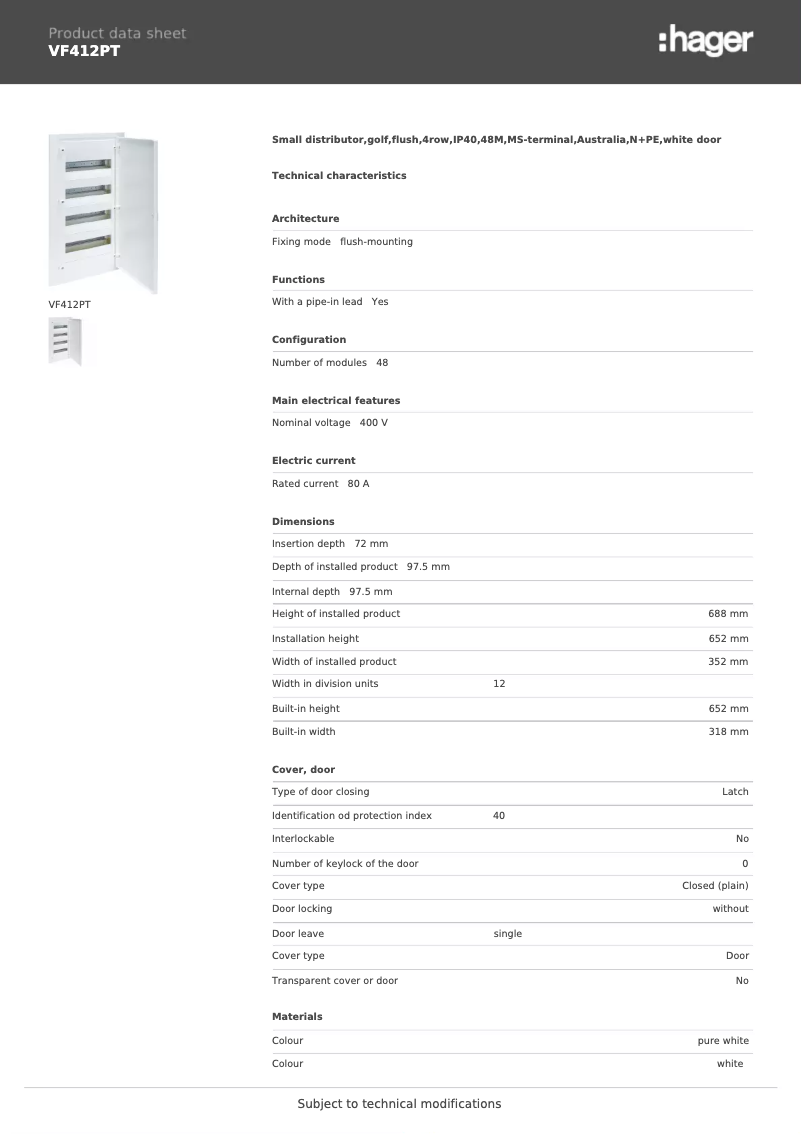 Page n°1 - Fiche technique Hager VF412PT