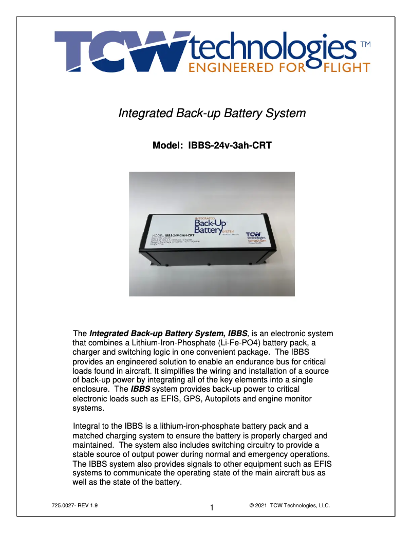 Page n°1 - Manuel utilisateur TCW Technologies IBBS-12v-3ah-CRT