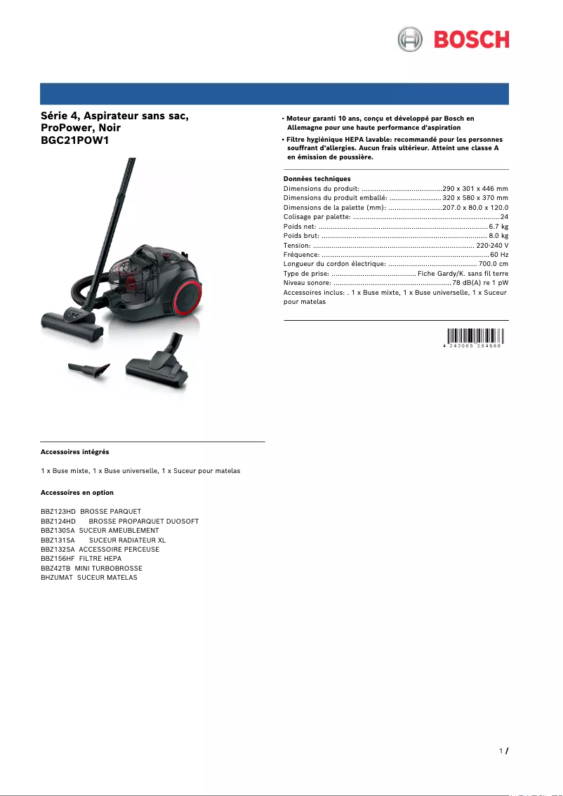 Page 1 de la notice Fiche technique Bosch Serie 4 BGC21POW1