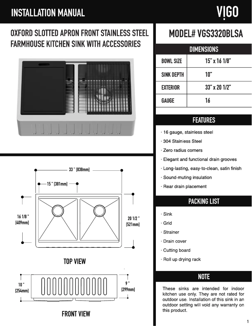 Page n°1 - Manuel utilisateur Vigo Oxford VGS3320BLSA