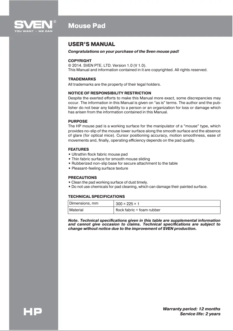 Page n°1 - Manuel utilisateur Sven HP