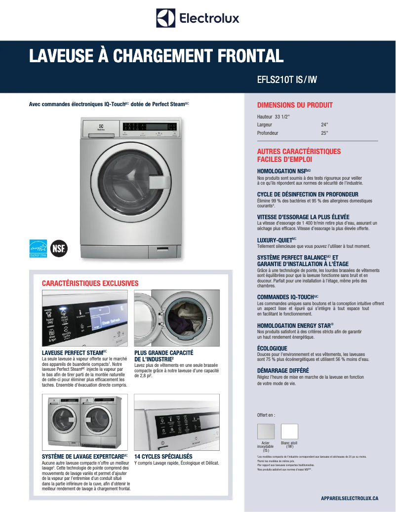 Page 1 de la notice Fiche technique Electrolux EFLS210TIW
