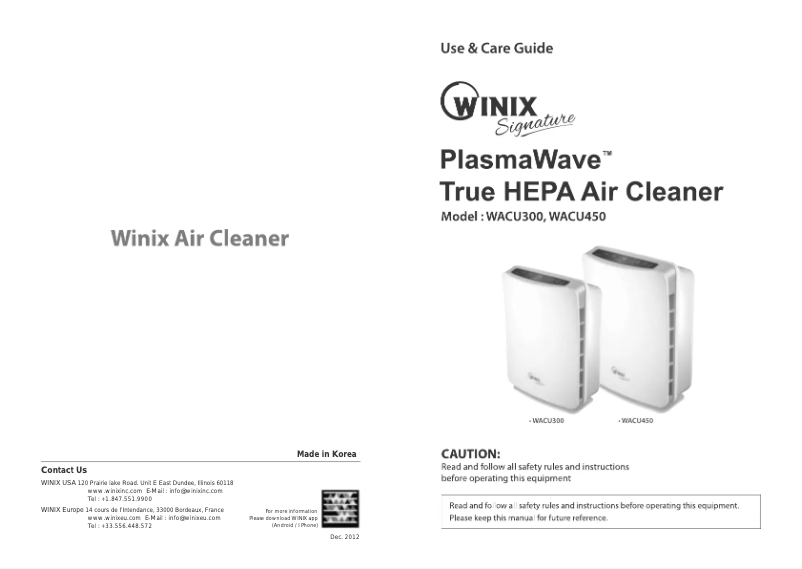 Page 1 de la notice Manuel utilisateur Winix WACU450