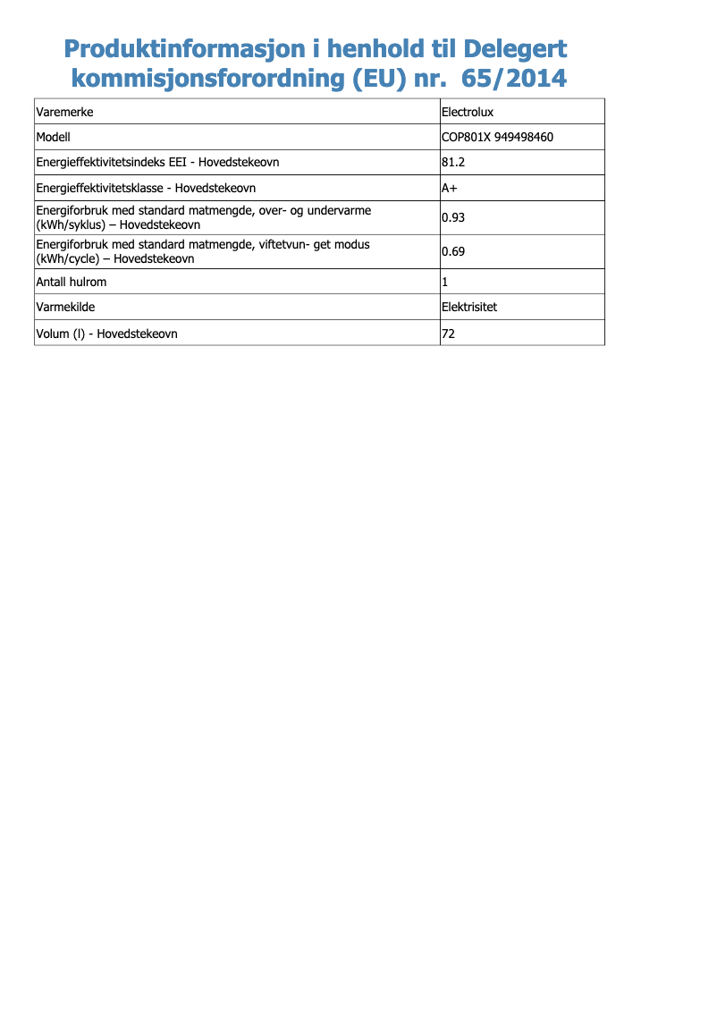 Page 1 de la notice Fiche technique Electrolux COP801X