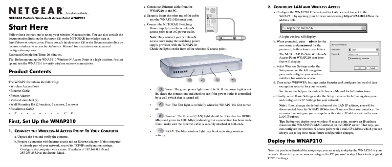 Page 1 de la notice Guide d'installation Netgear ProSafe WNAP210v2