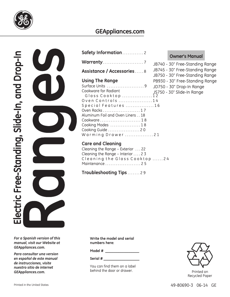 Page 1 of the manual Instruction Manual GE JB750DFBB