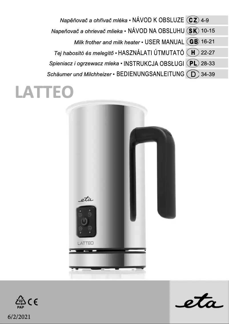 Page 1 de la notice Manuel utilisateur Eta Latteo