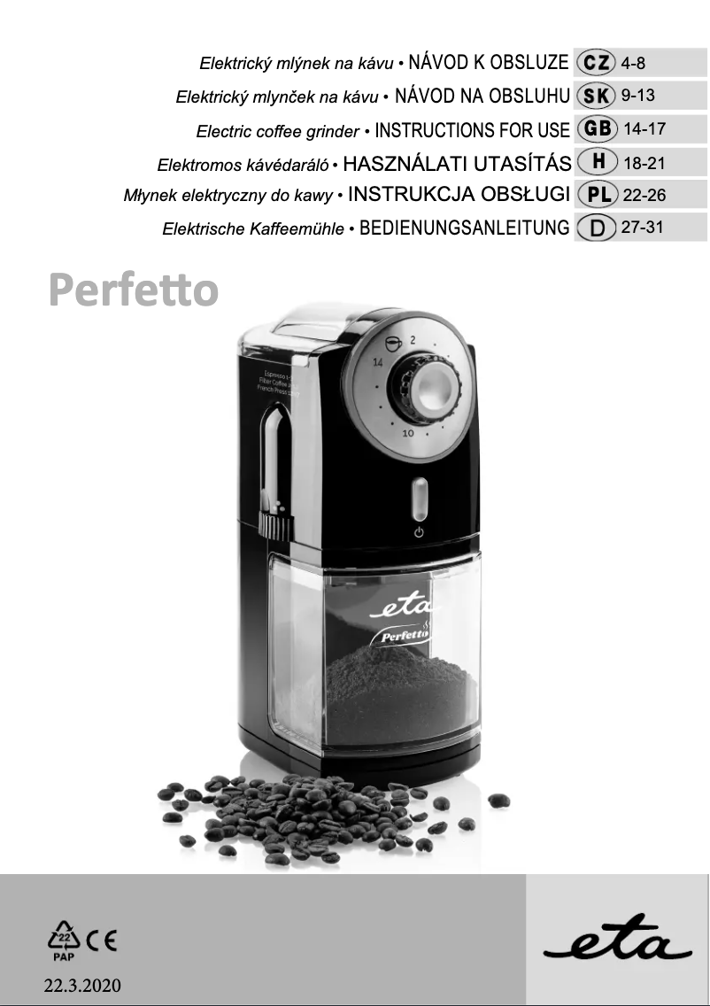 Image de la première page du manuel de l'appareil Perfetto 0068 90000
