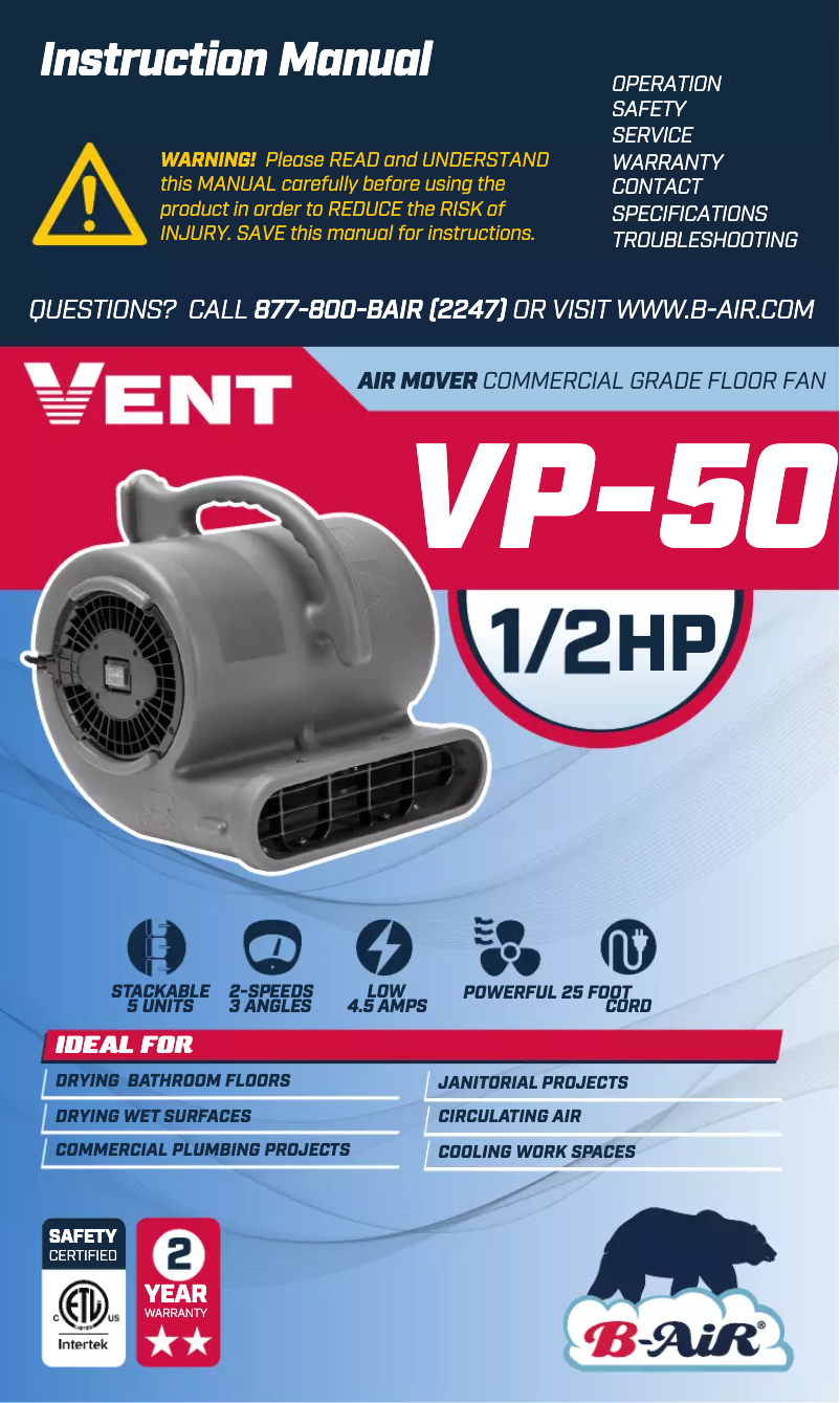 Imagen de la primera página del manual del dispositivo Vent VP-50