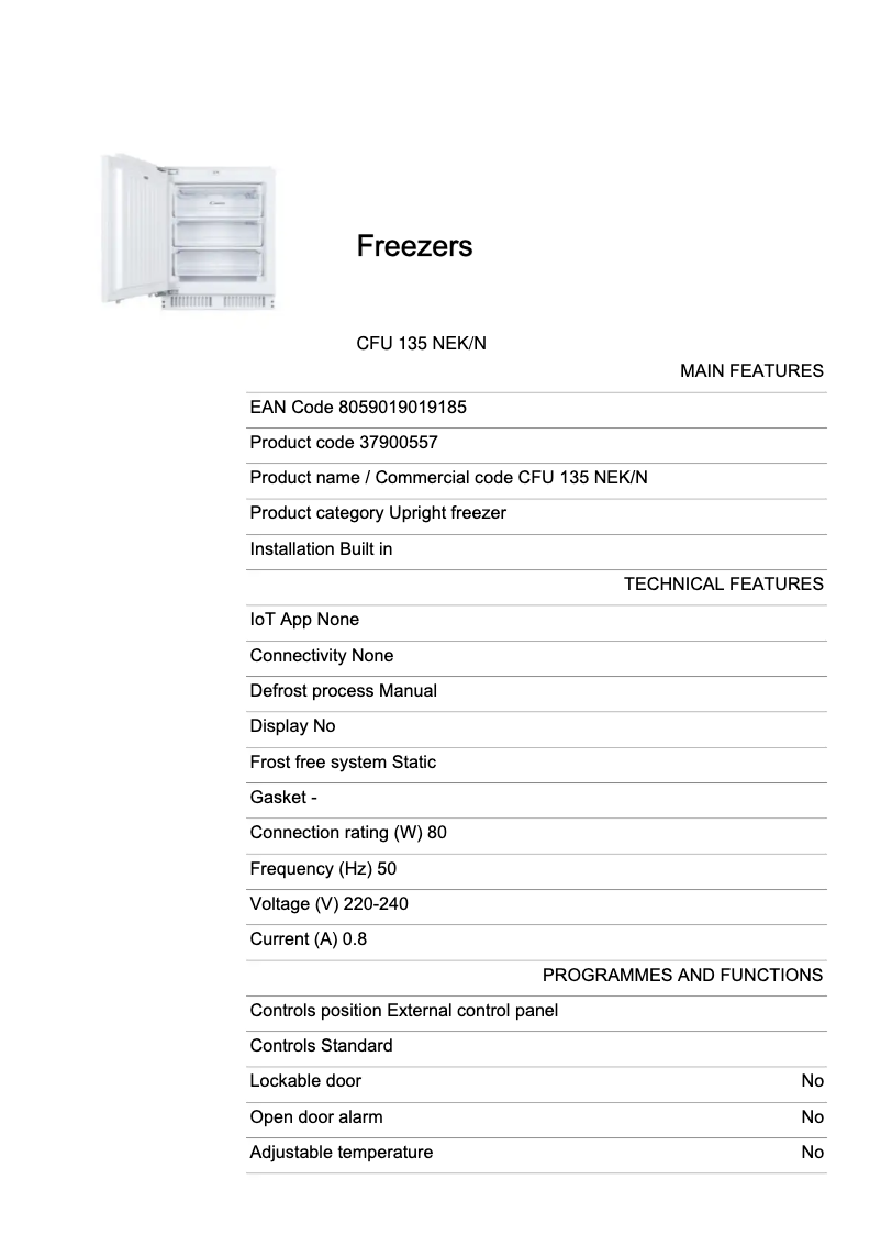 Page 1 de la notice Fiche technique Candy CFU 135 NEK/N