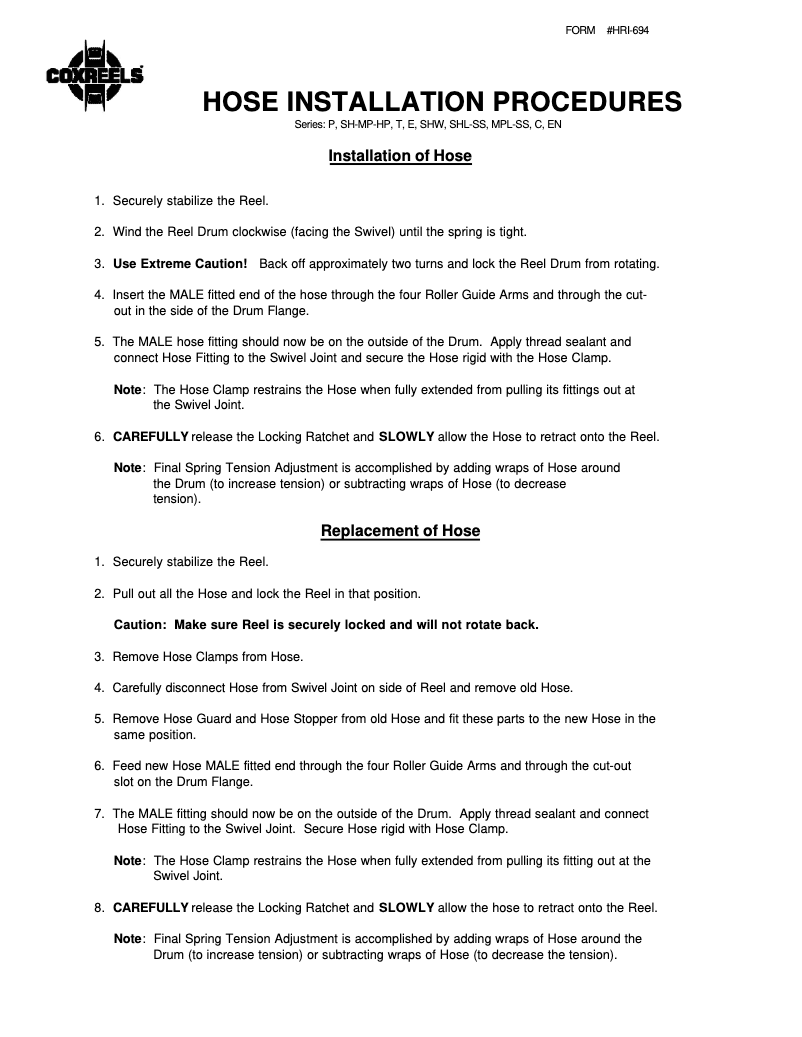 Page 1 de la notice Guide d'installation Coxreels C-HP-125-125