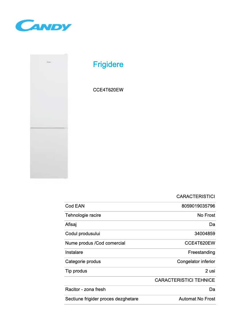 Page 1 de la notice Fiche technique Candy CCE4T620EW