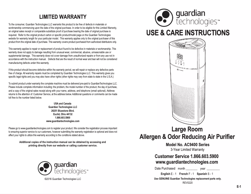 Page 1 de la notice Manuel utilisateur GermGuardian AC9400