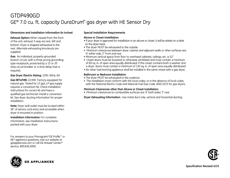 Page 1 de la notice Fiche technique GE GTDP490GDWS