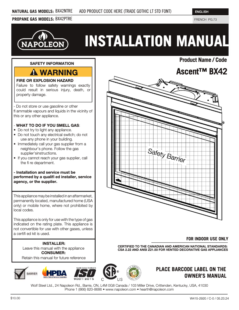 Page n°1 - Manuel utilisateur Napoleon Ascent BX 42