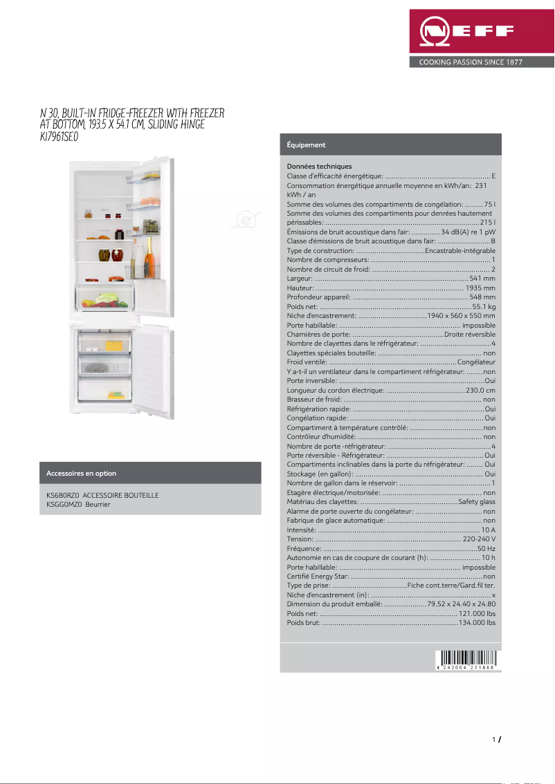 Page 1 de la notice Fiche technique Neff KI7961SE0