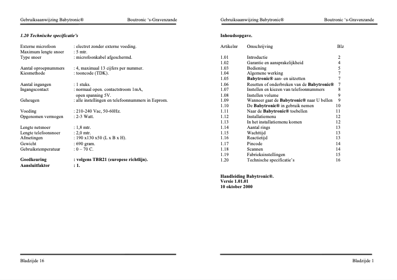 Page 1 de la notice Manuel utilisateur Boutronic BabyTronic