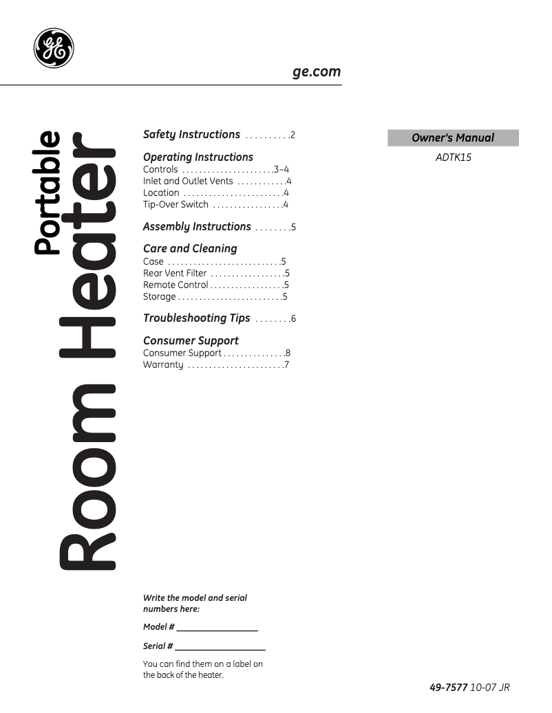 Página 1 del manual Manual de usuario GE ADTK15AK