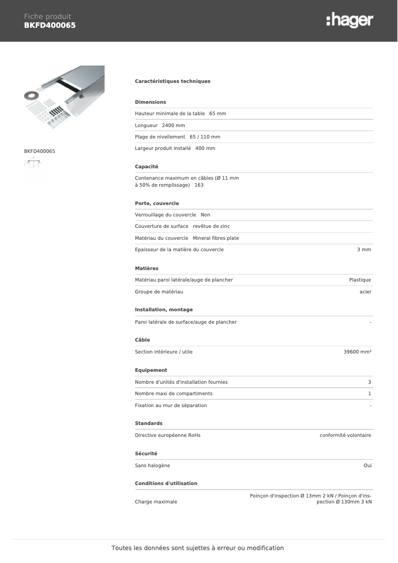 Page 1 de la notice Fiche technique Hager BKFD400065