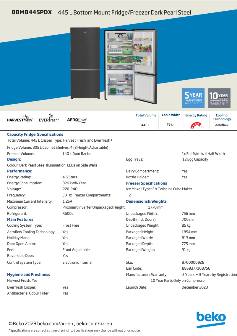 Page 1 de la notice Fiche technique Beko BBMB445PDX