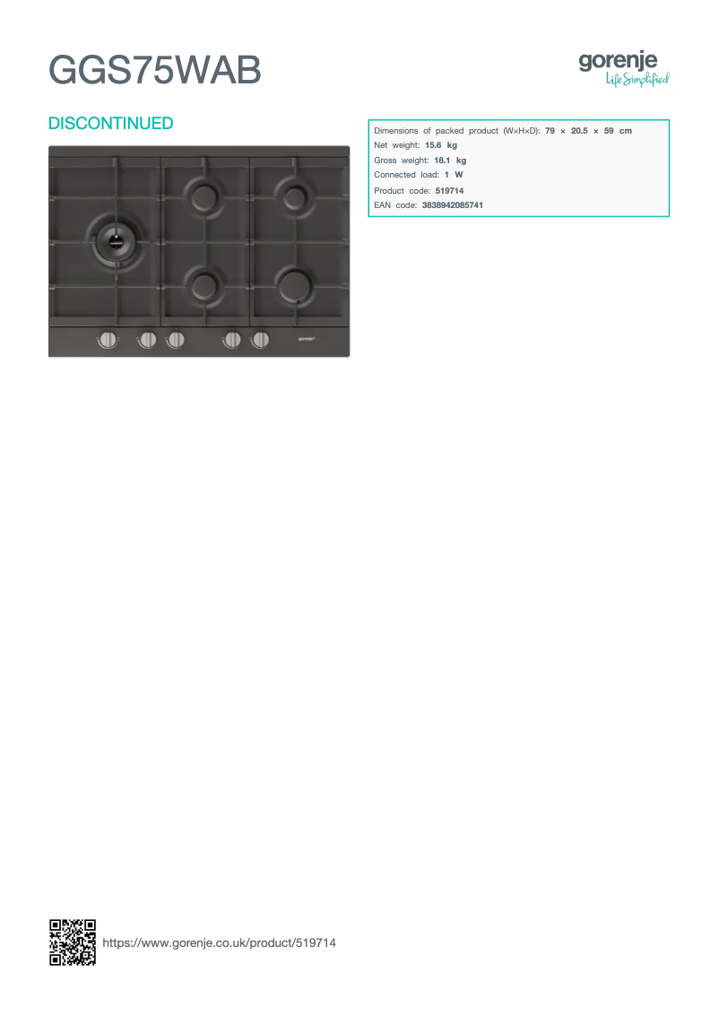 Page n°1 - Fiche technique Gorenje GGS75WAB