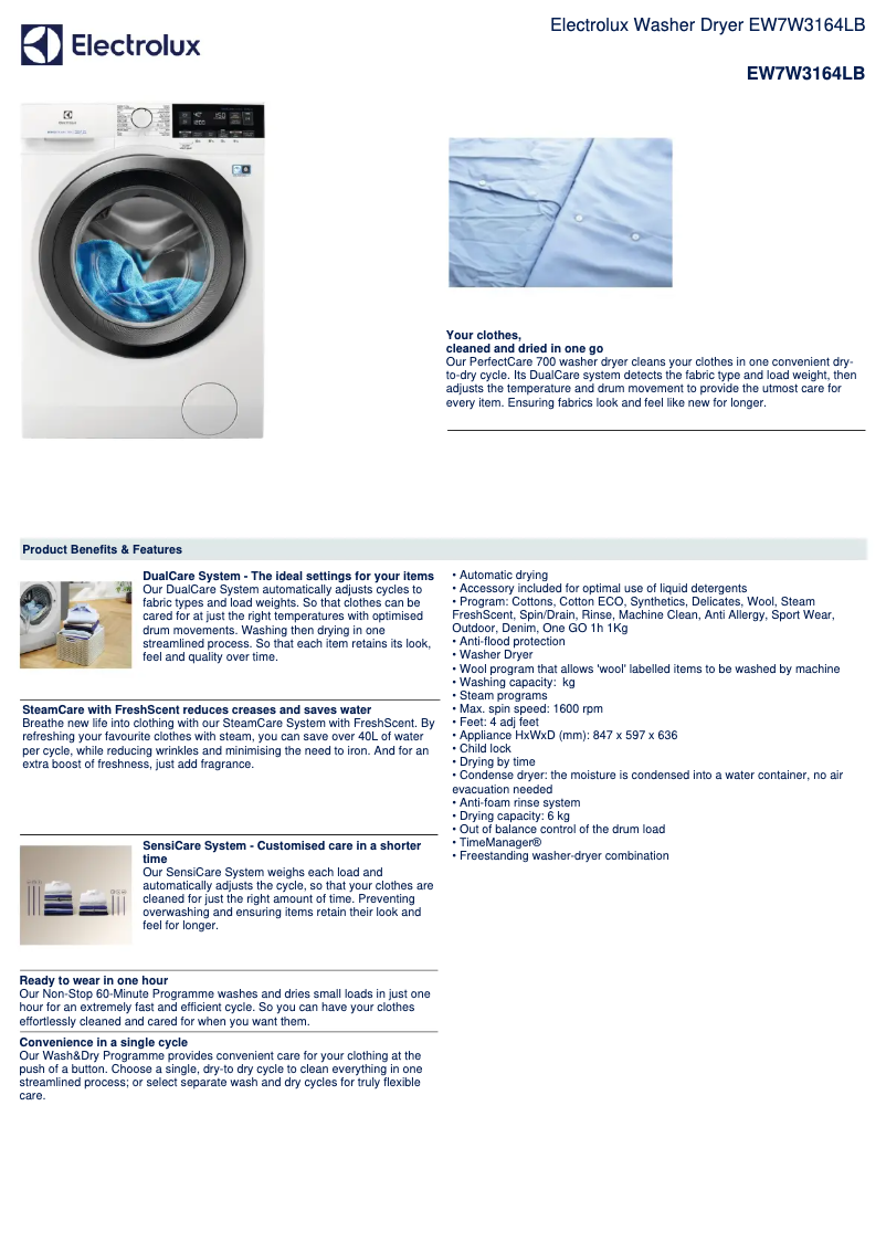 Page 1 de la notice Fiche technique Electrolux EW7W3164LB