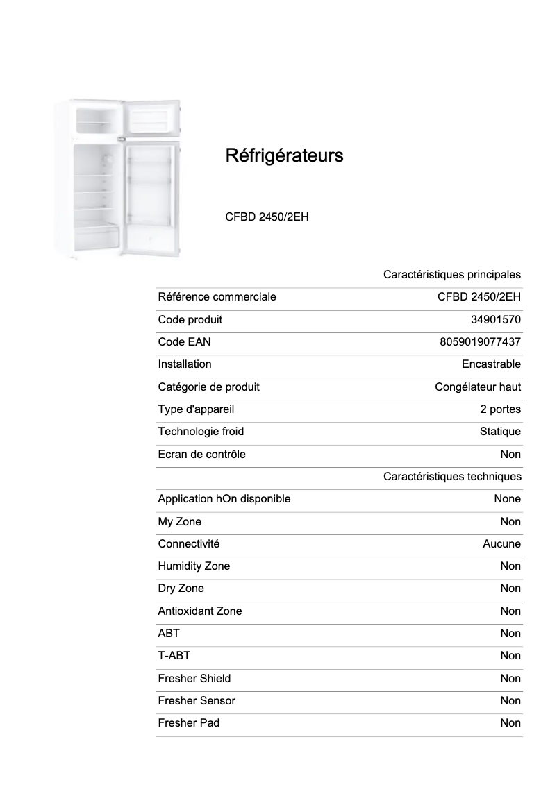 Page 1 de la notice Fiche technique Candy CFBD 2450/2EH
